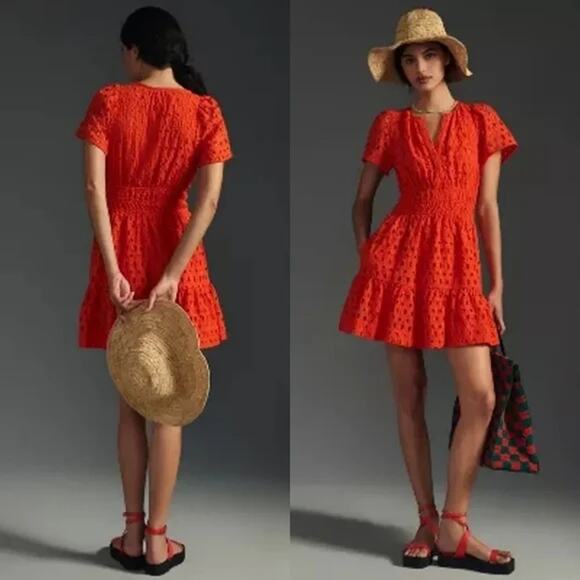 by Anthropologie The Somerset Eyelet Petite Mini Dress in Coral (MP) - Picture 1 of 12
